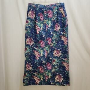 Vintage 80s Country Floral Midi Pencil Skirt, Blue Green Pink, Size Small